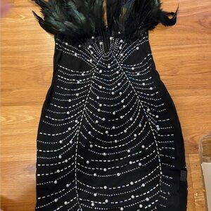 Black Feather-Trimmed Beaded Evening Dress
